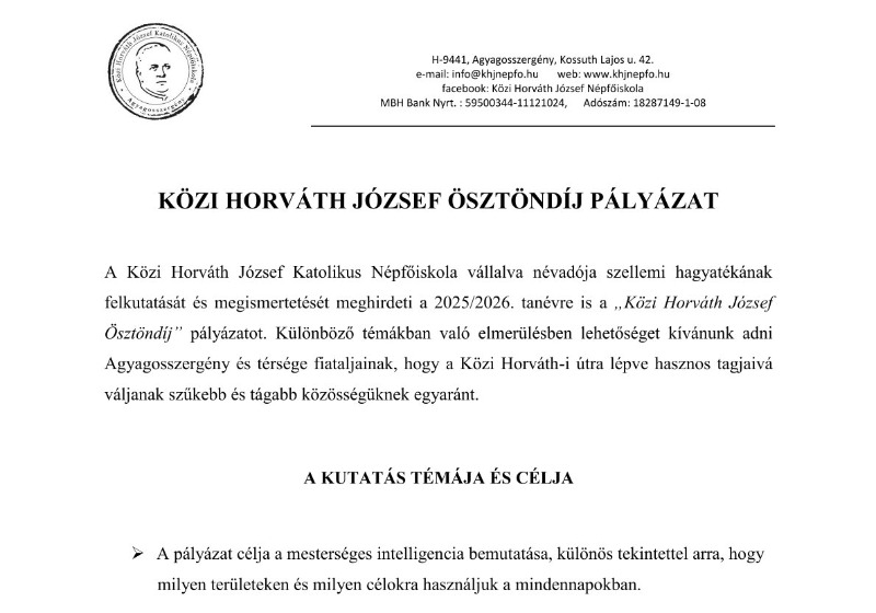 Közi Horváth József ösztöndíj pályázat 2026