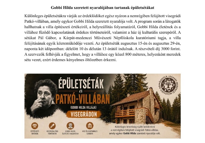 Gobbi Hilda szeretett nyaralójában tartanak épületsétákat augusztusban