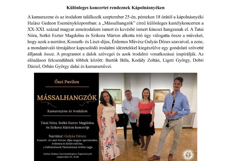 Különleges koncertet rendeznek Kápolnásnyéken