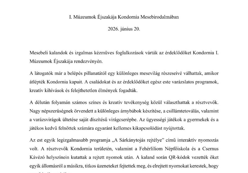 I. Múzeumok Éjszakája Kondornia Mesebirodalmában
