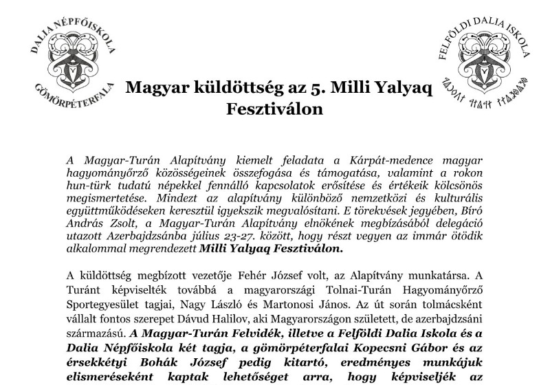 Magyar küldöttség az 5. Milli Yalyaq Fesztiválon