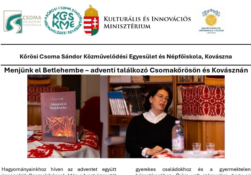 Menjünk el Betlehembe – adventi találkozó Csomakőrösön és Kovásznán