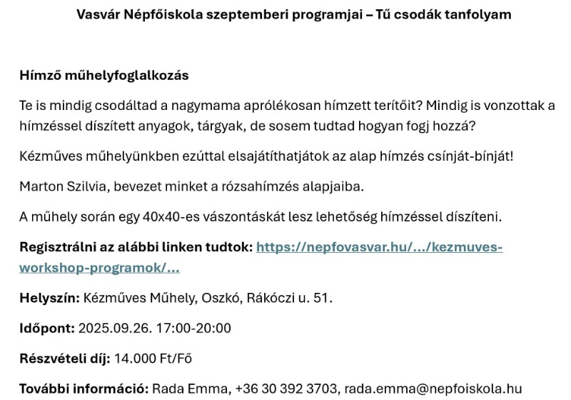 Vasvár Népfőiskola szeptemberi programjai – Tű csodák tanfolyam
