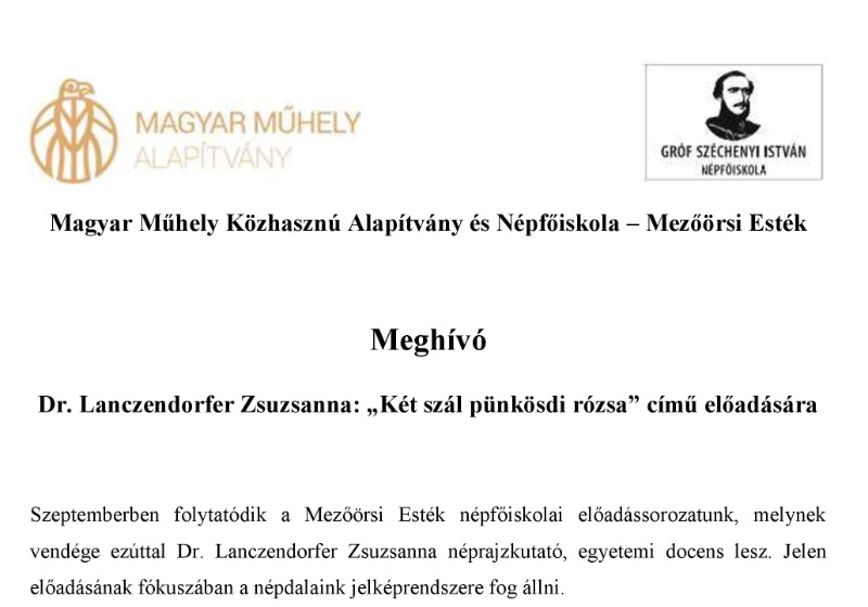 Meghívó - Dr. Lanczendorfer Zsuzsanna: „Két szál pünkösdi rózsa” című előadására