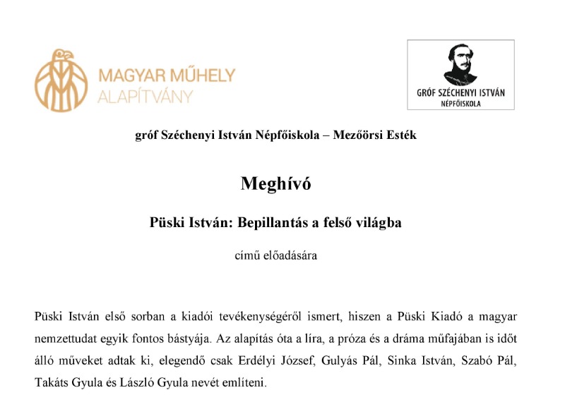 Meghívó Püski István: Bepillantás a felső világba című előadására