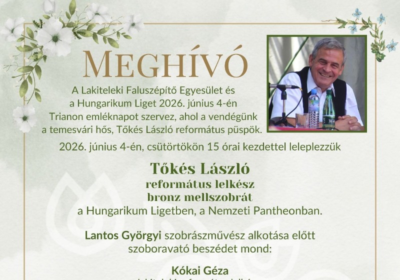 Meghívó Tőkés László református lelkész szoboravató ünnepségére
